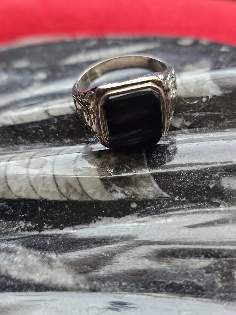 Men's Black Stone Silver-Tone Signet Ring